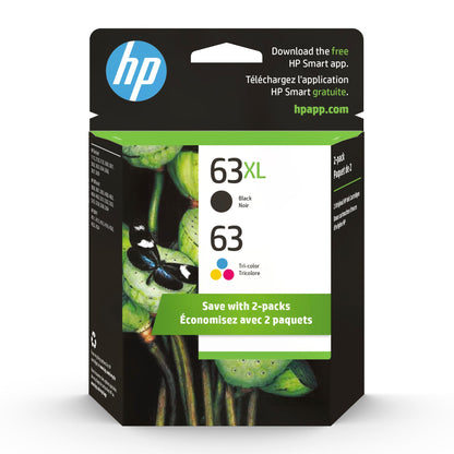 HP 63XL Black Ink Cartridge & 63 Tricolor Ink Cartridge, 2 Count, Genuine