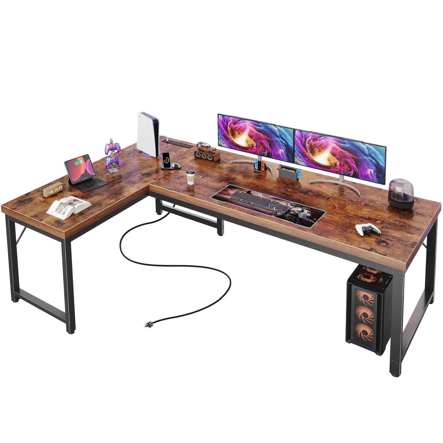 Huuger 63 Inch L-Shaped Computer Desk with Built-In Power Outlets and USB-C Port, Engineered Wood Top, Metal Frame, Rustic Brown