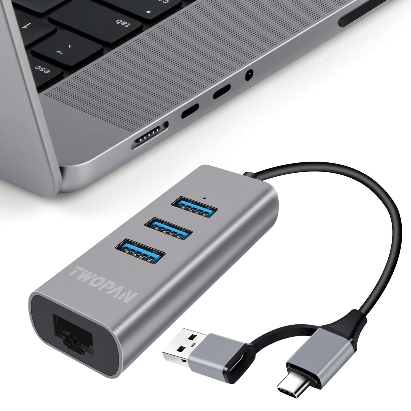 TWOPAN 3-Port USB 3.0 Hub with Ethernet Adapter, Model T3-L, Aluminum Construction, Compatible with Mac and Windows