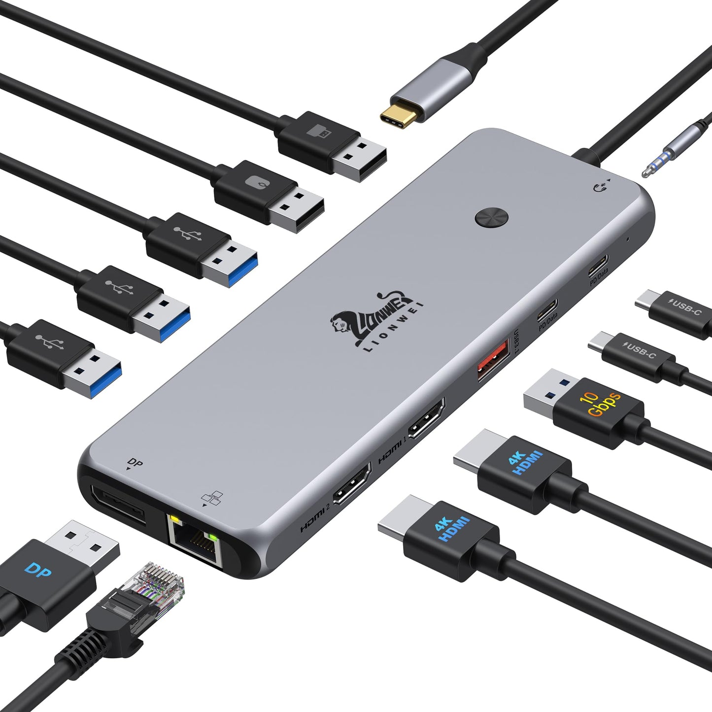 LIONWEI 13-in-1 USB C Docking Station 4K - Dual HDMI, 10Gbps, USB 3.0, 3.5mm Audio, Ethernet