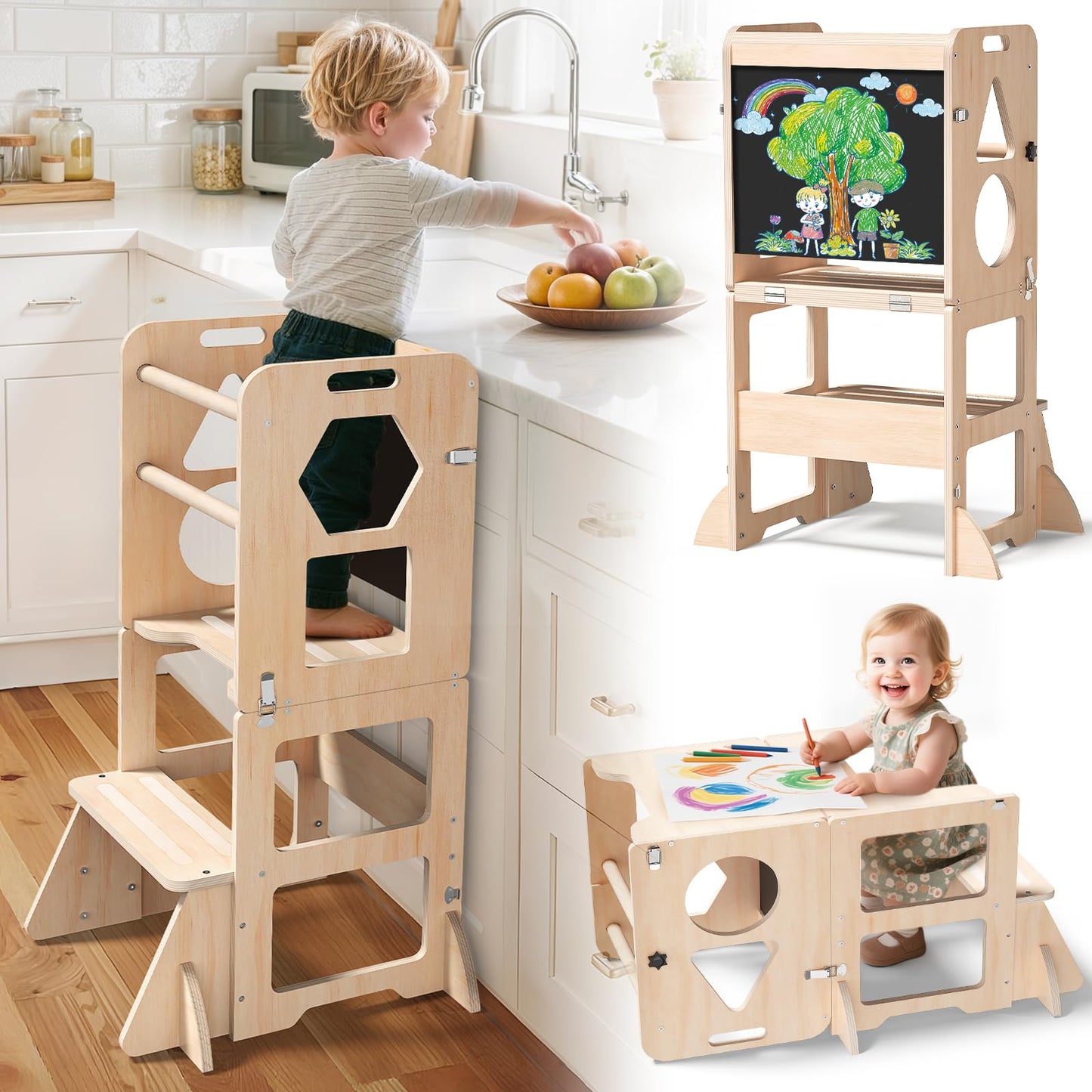 Woodure 4-in-1 150 Pounds DW1357 Multifunctional Wooden Step Stool