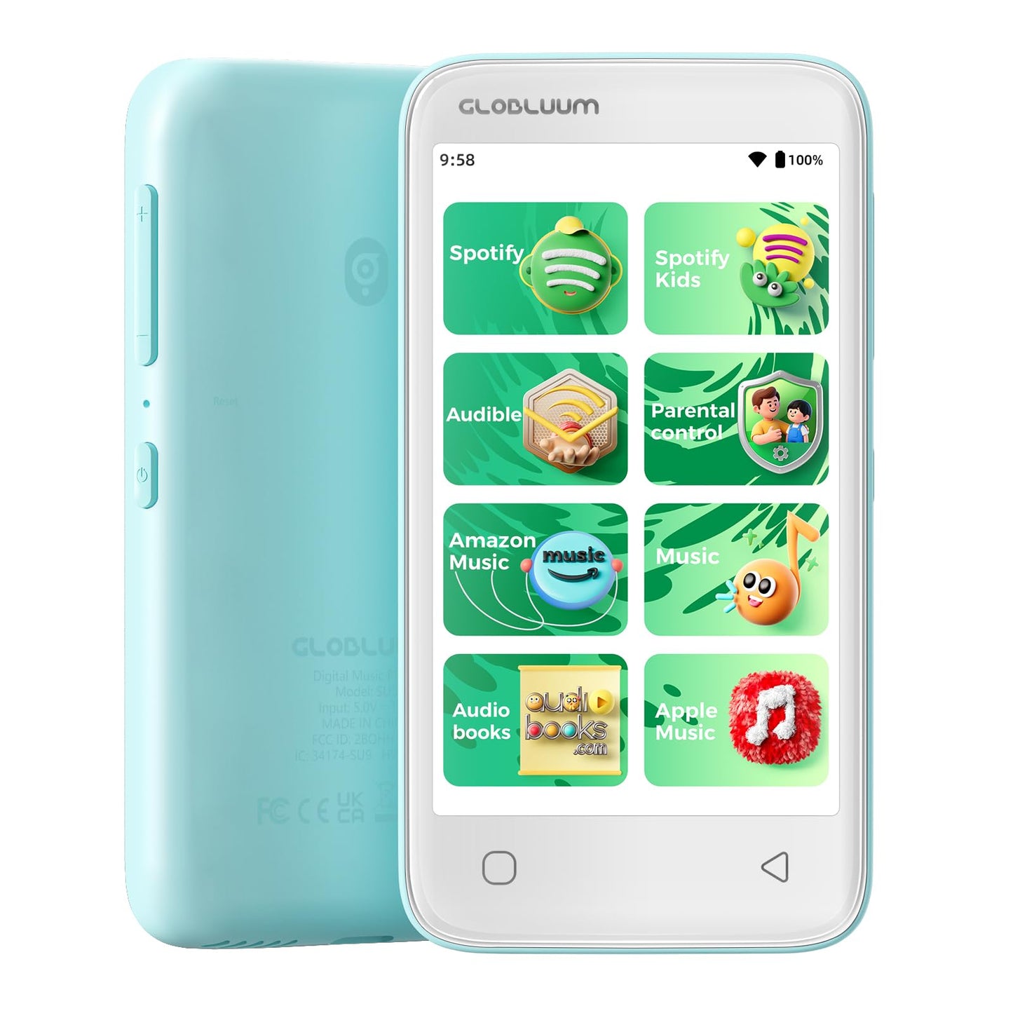 Globluum 80GB Portable Media Player A02 LCD, 4" Touchscreen, 25 Hours Battery Life, Bluetooth 5.0, Android 14