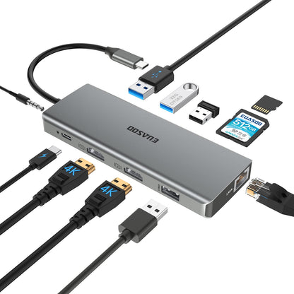 EUASOO 11 in 1 USB C Docking Station ES-HB007 with Dual 4K HDMI, 1000Mbps Gigabit Ethernet, 4 USB Ports