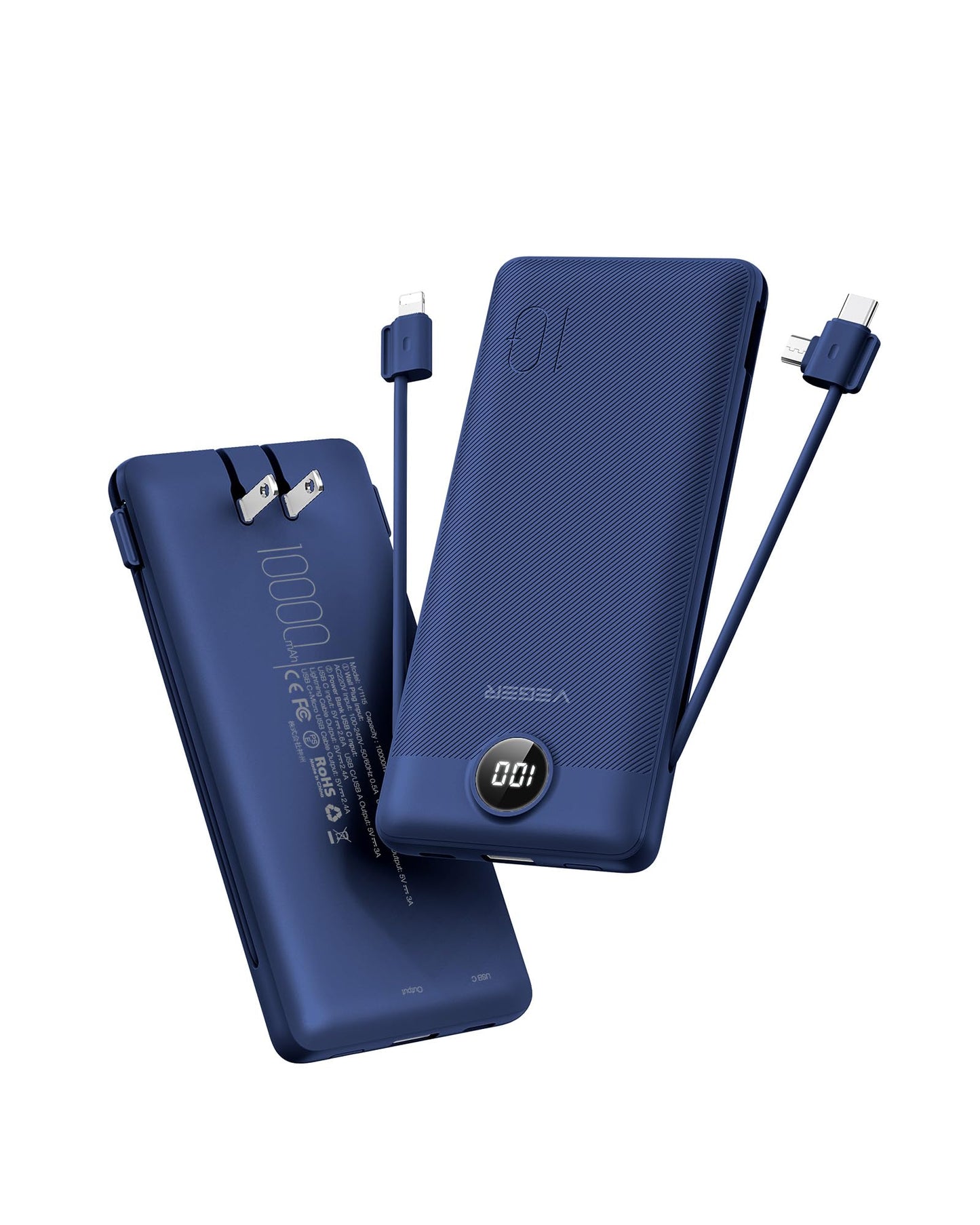 VEGER 10000mAh V1115 Power Bank - Slim Design with Built-in AC Plug - 4 Port Charger - Lithium Polymer - Navy