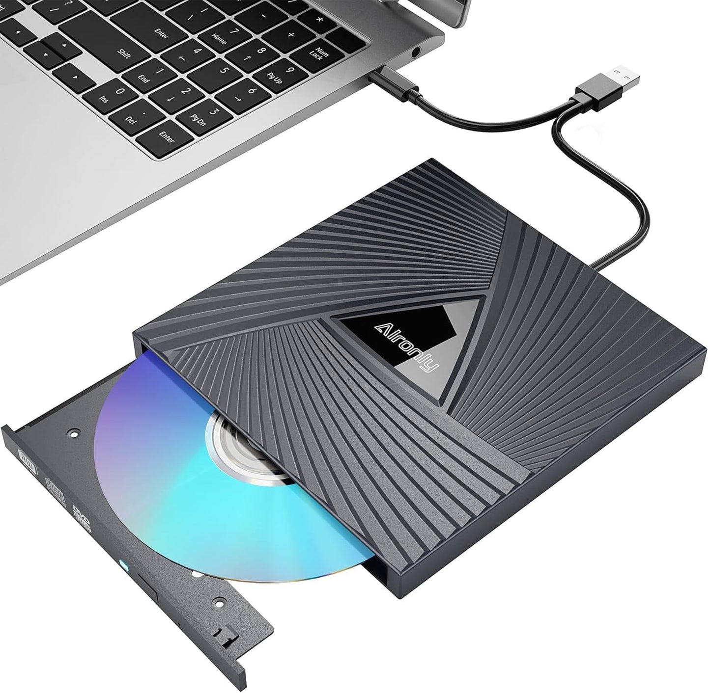 Alronly Portable External CD/DVD Drive, USB 3.0 & Type-C, 6.2" x 5.9" x 0.59", Compatible with PC and Mac