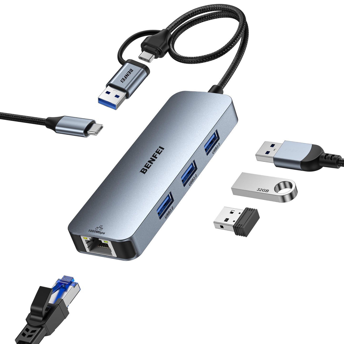 BENFEI USB-C to Gigabit Ethernet Adapter 000386grey 5Gbps Hub 3 Ports Silver Adapter
