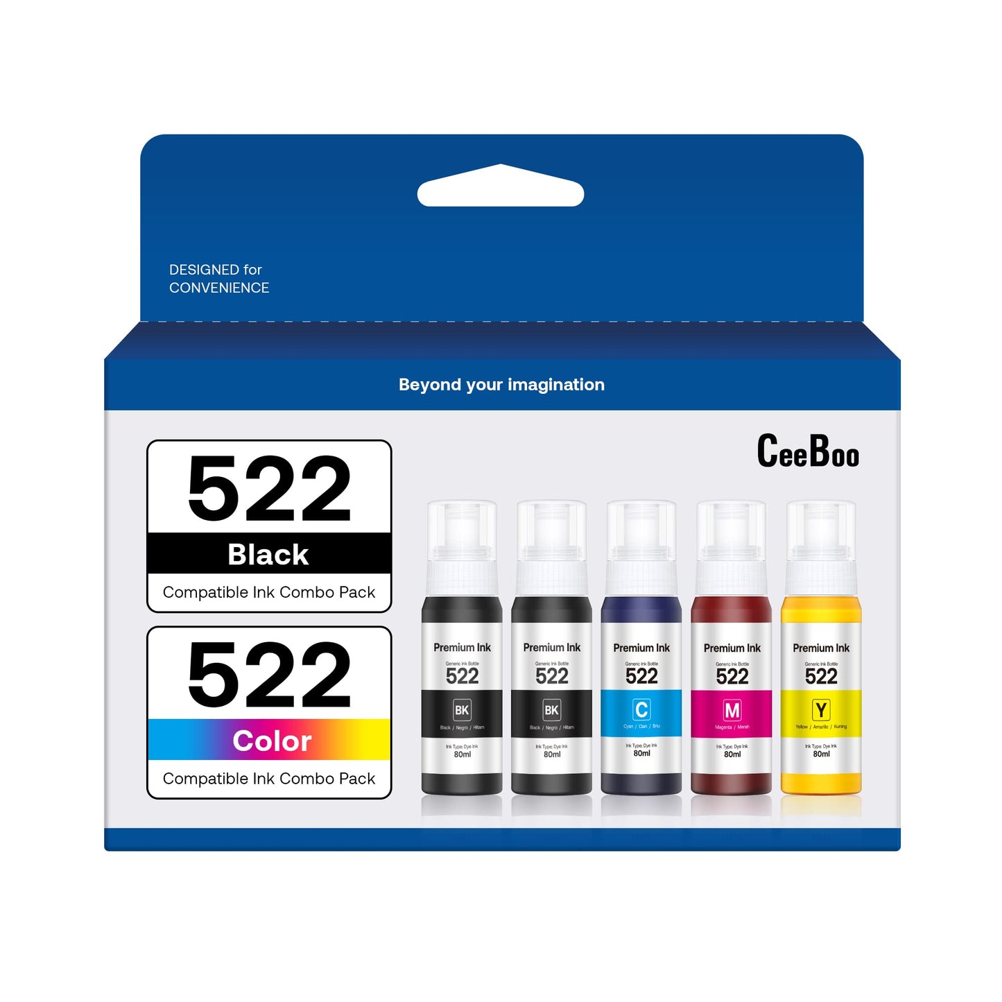 CEEBOO 522 5 Pack 80ml Black, Magenta, Yellow, Cyan Ink Supply 9700 Page Yield Compatible EcoTank ET Series