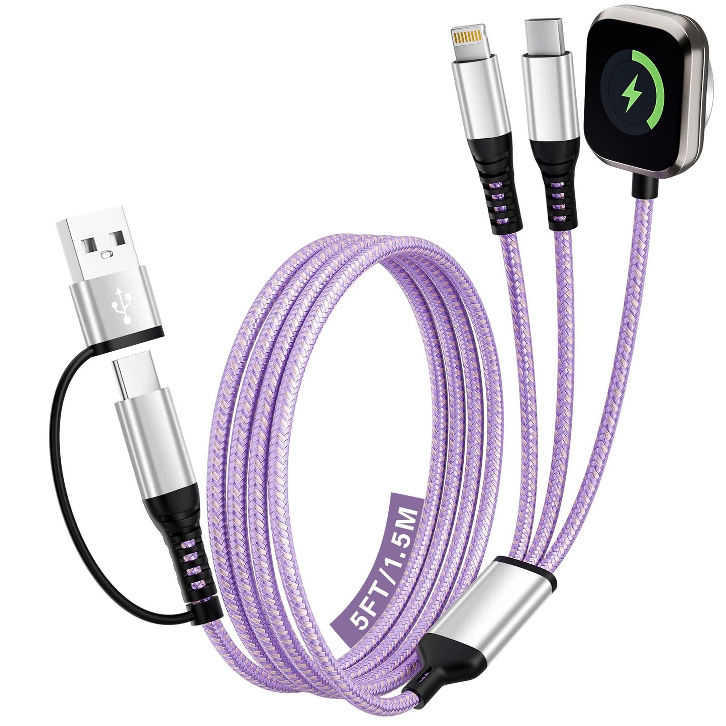 Jogrytece 5FT BYX-iWatch-Purple 3 in 2 USB Type A+C Multi Charging Cable