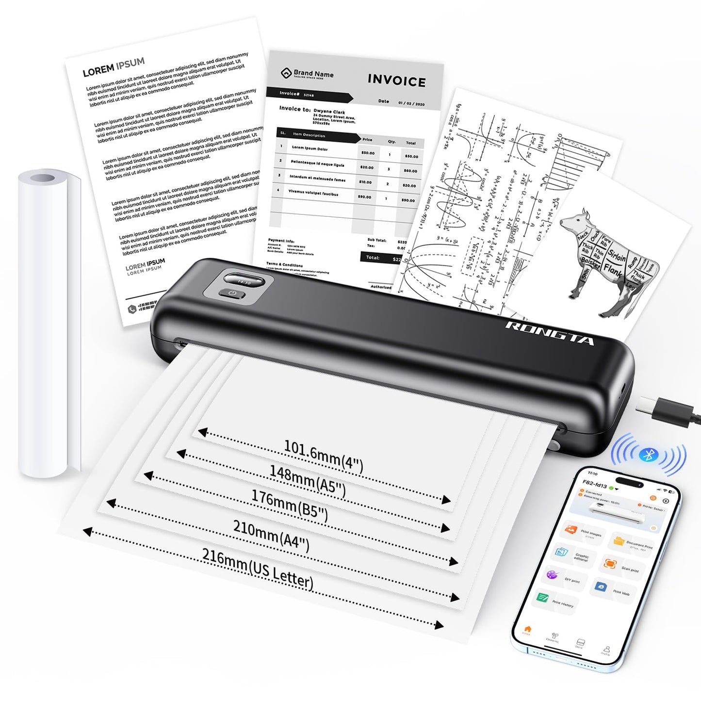 Rongta 8.5" x 11" Portable Thermal Printer F82-BK Monochrome 70 ppm Bluetooth USB