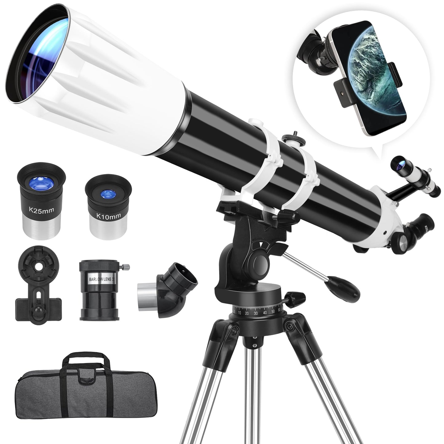 Hawkko 90mm Telescope Model 100900-001 Altazimuth Mount Manual Focus Multi-Coated 270X