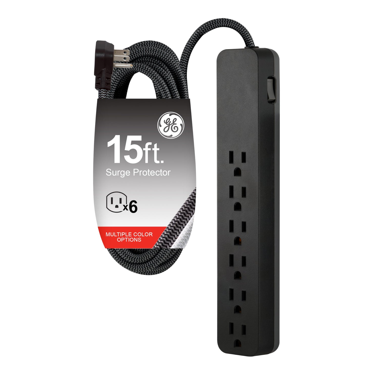GE 62939 6 Outlet Surge Protector 125 Volts 840 Joules Type B Black Braided Power Strip