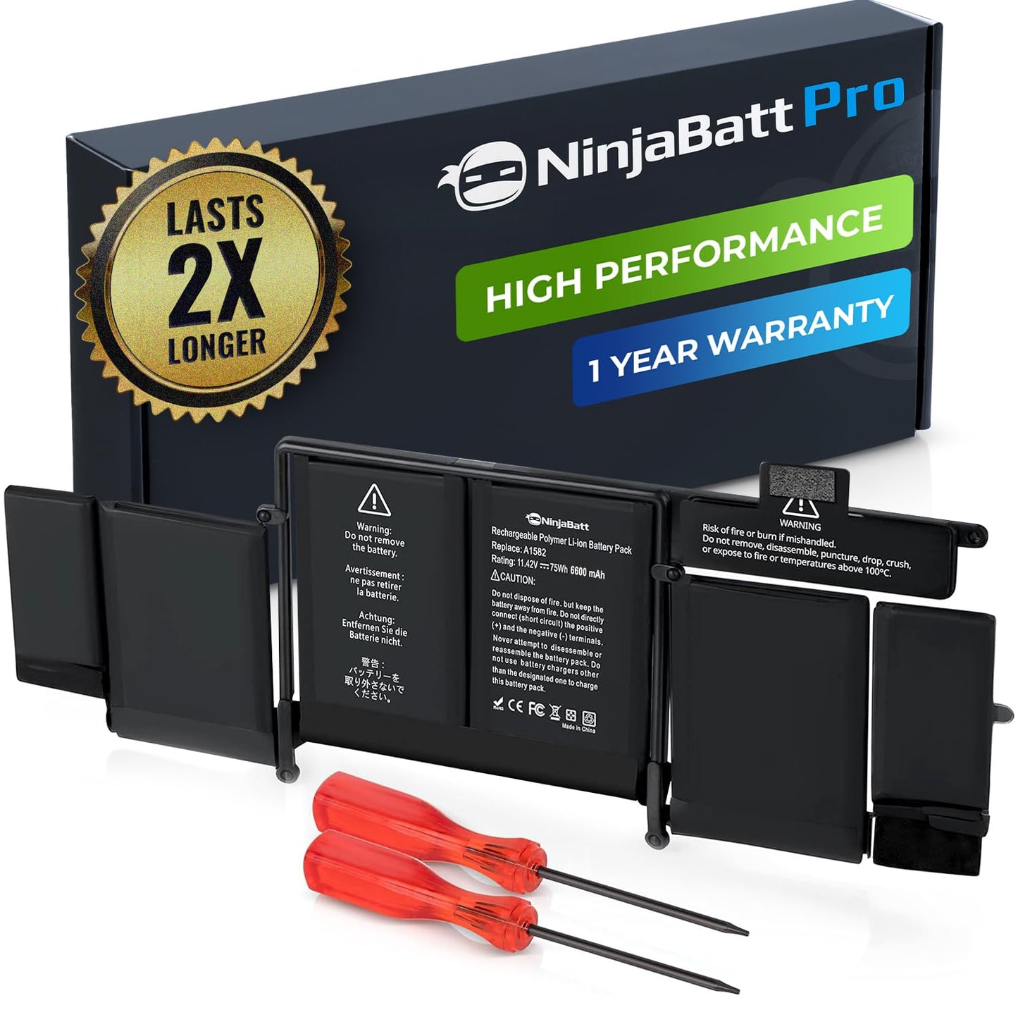 NinjaBatt A1493 Lithium Polymer Battery Pack for Apple MacBook Pro Retina 13" A1502 A1582 6600 mAh 11.42V