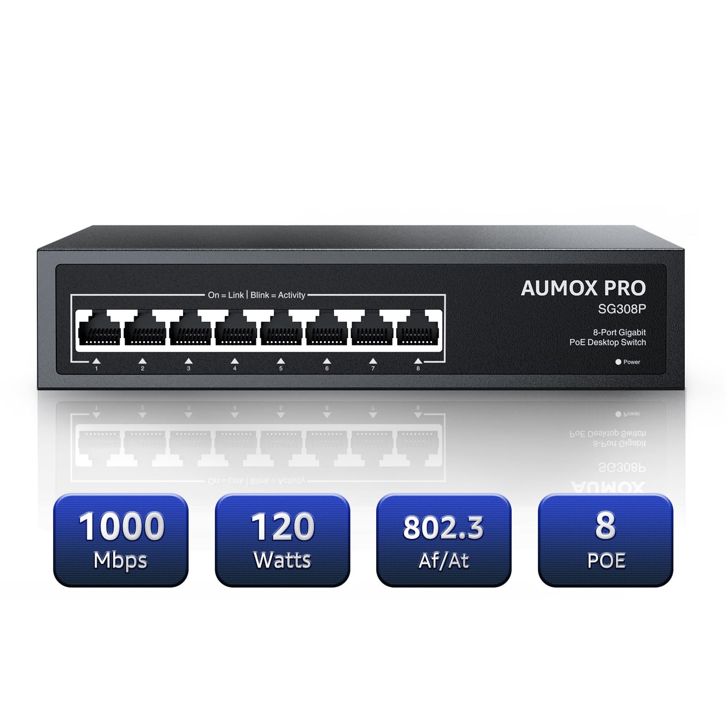 AUMOX PRO 8 Port PoE Switch SG308P 1000Mbps Unmanaged Ethernet Switch