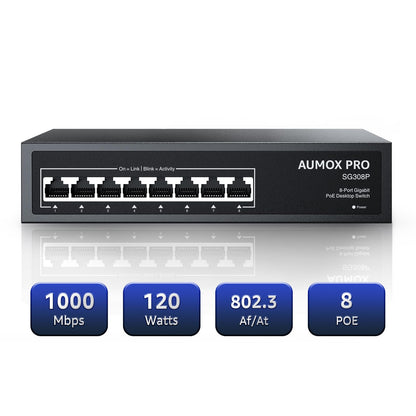 AUMOX PRO 8 Port PoE Switch SG308P 1000Mbps Unmanaged Ethernet Switch