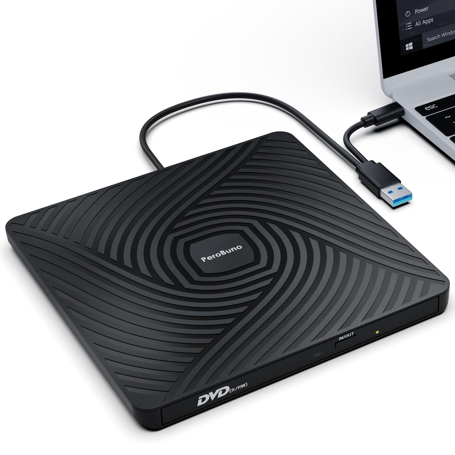 PeroBuno 0.5-Inch Ultra-Slim External CD/DVD Drive Model BT620 with USB 3.0 Type A and Type C Connectivity