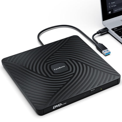 PeroBuno 0.5-Inch Ultra-Slim External CD/DVD Drive Model BT620 with USB 3.0 Type A and Type C Connectivity
