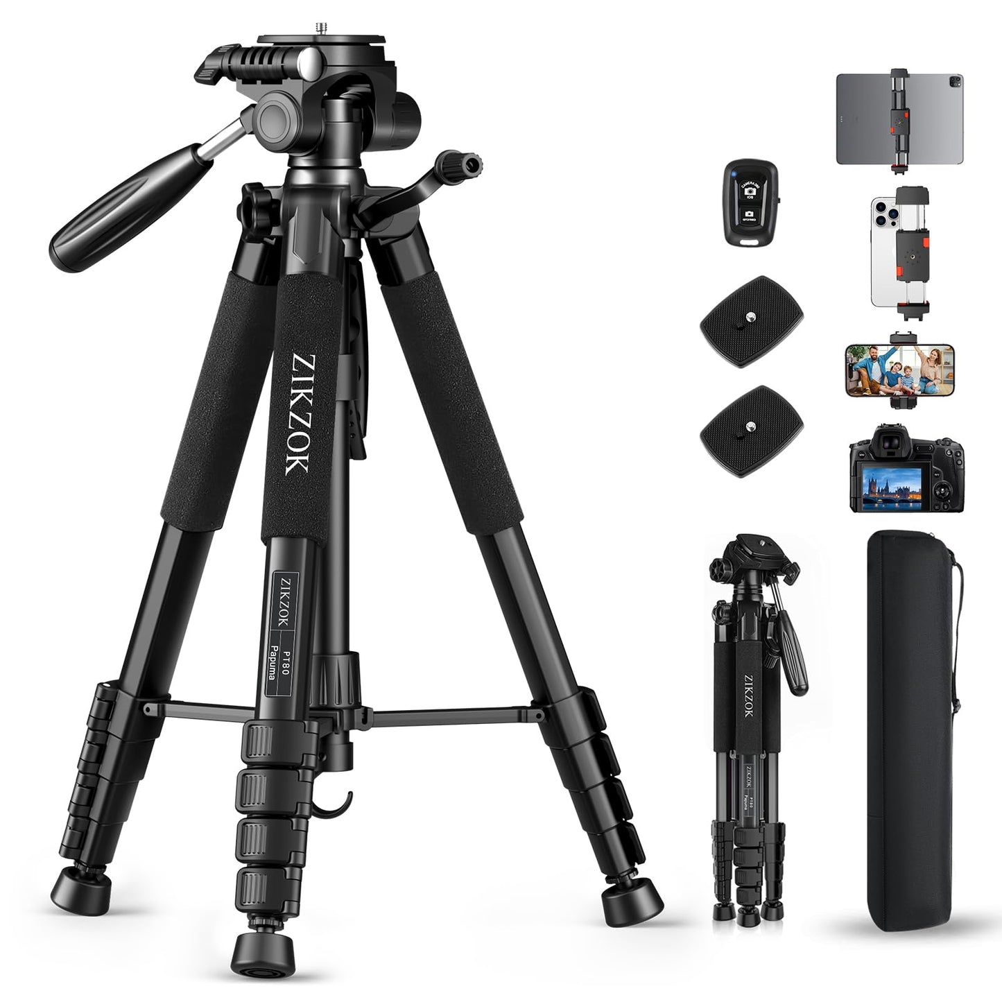 ZIKZOK 75 Inches PT80 Tripod Heavy-Duty Stand for Cameras and Tablets