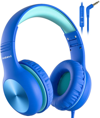 Nabevi BH100 Over Ear Headphones for Children, Wired Design with Adjustable Volume Limit, Built-in Microphone, Compatible with Most Devices