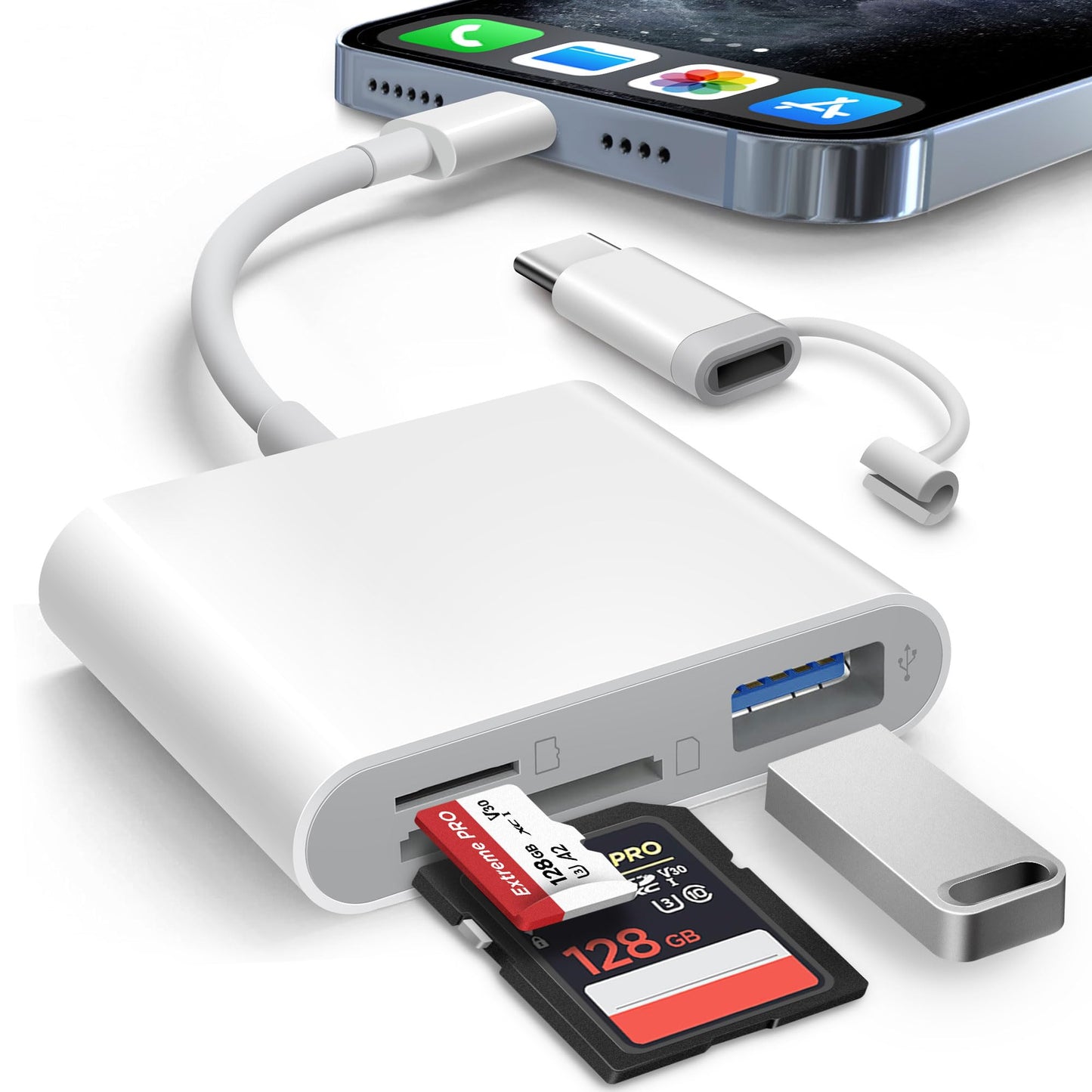 AkHolz SD Card Reader Model AkHolz-L4Lte Dual-Lightning & USB-C Interface for SD/microSD