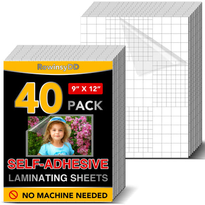 RowinsyDD 9 x 12 Inches FMZ-40P Clear Self-Adhesive Laminating Sheets, 40 PCS