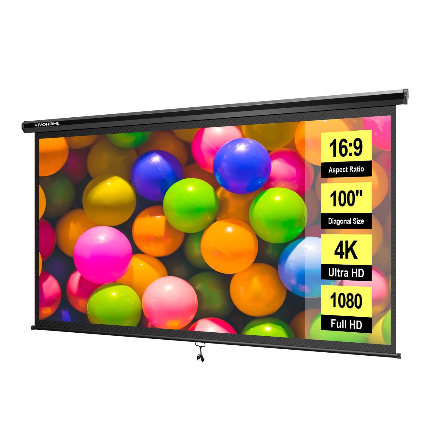 VIVOHOME 100 Inch VH555-BK 4K Projector Screen 16:9 Manual Retractable