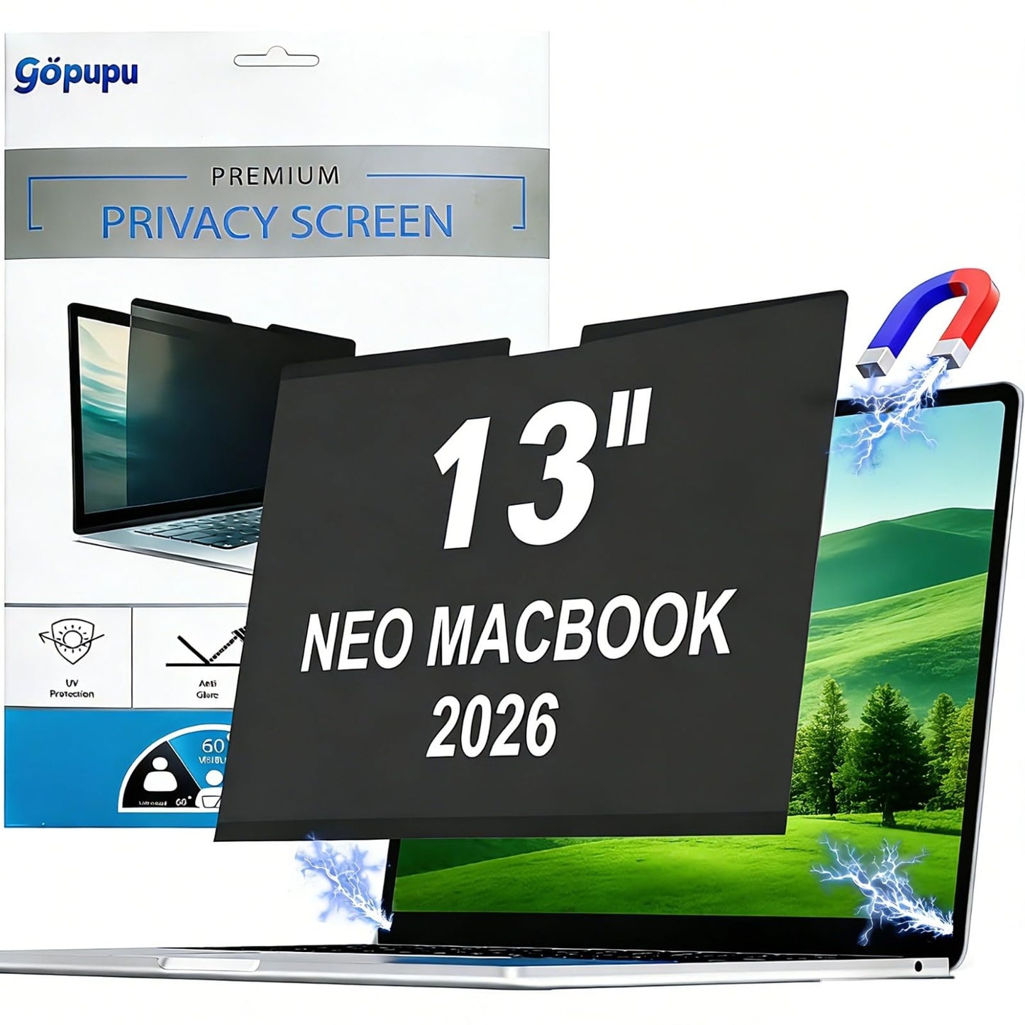gopupu 13 Inches A18 Pro 2026 Magnetic Privacy Filter 9H Hardness Anti-Glare Screen Protector