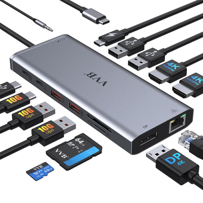 VVB 14-Port USB-C Laptop Docking Station Compatible with Dell/HP/Lenovo