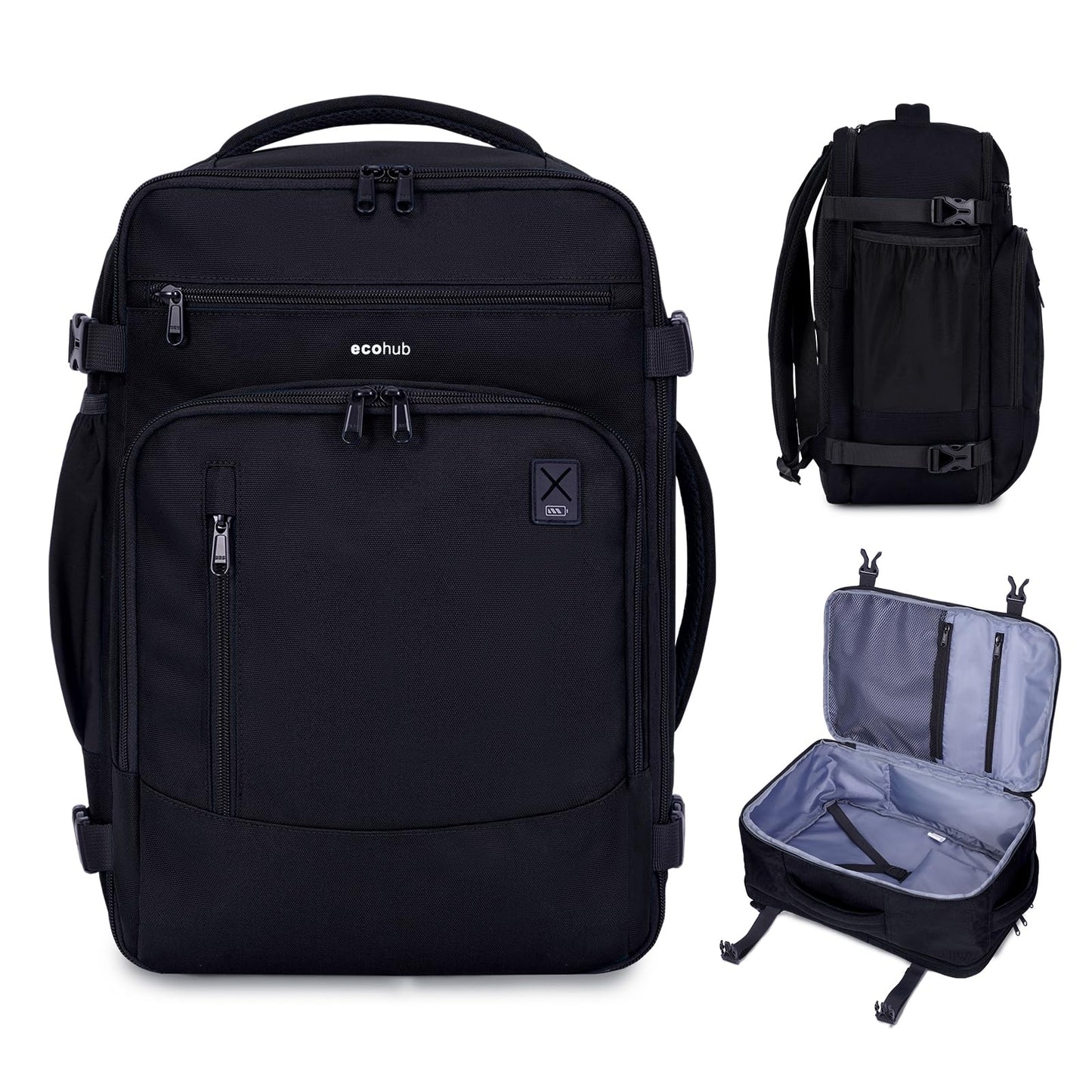 ECOHUB 17" Daypack Travel Backpack, 25L Capacity, Water Resistant, Fits 15.6" Laptop, 16 Pockets, Adjustable Straps, Black