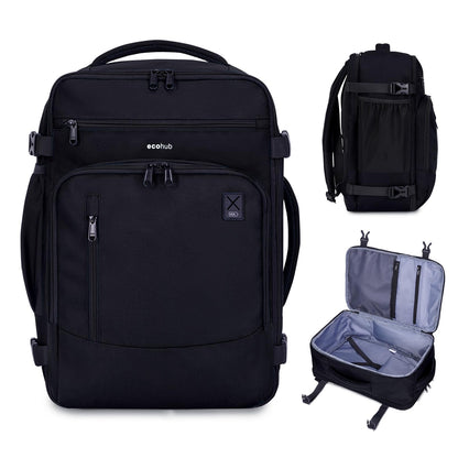 ECOHUB 17" Daypack Travel Backpack, 25L Capacity, Water Resistant, Fits 15.6" Laptop, 16 Pockets, Adjustable Straps, Black