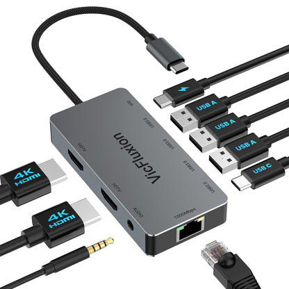 Vicfluxion 9-in-1 USB C Docking Station, 2 HDMI 4K@60Hz, 1000Mbps Ethernet, 3 USB 3.0, 1 Type C, Power Delivery, Audio Jack - Dock for Laptops, Desktops, Tablets