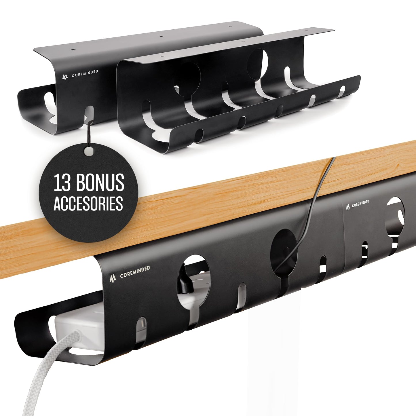 COREMINDED 2-Piece Cable Management Tray Set Matte Black Self-Adhesive Carbon Steel
