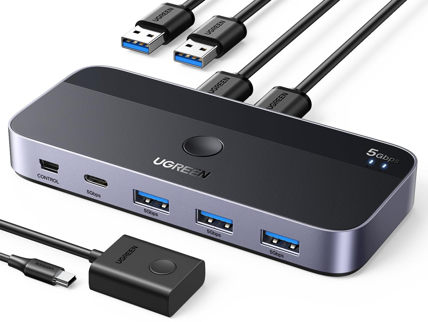 UGREEN 4-Port USB 3.0 Switch Hub Model CM662, Manual & Automatic Operation, 5Gbps Data Transfer Rate, 2 Computers Compatibility