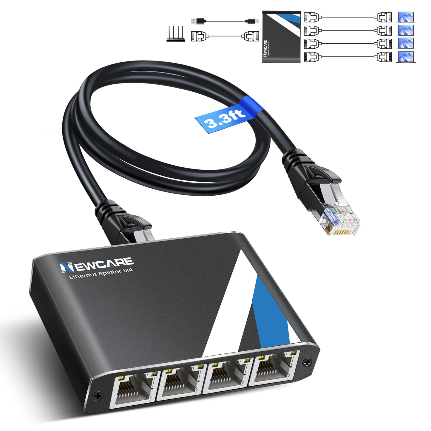 NEWCARE 1 Count Ethernet Splitter 1 in 4 Out 1000 Mbps Black Network Adapter
