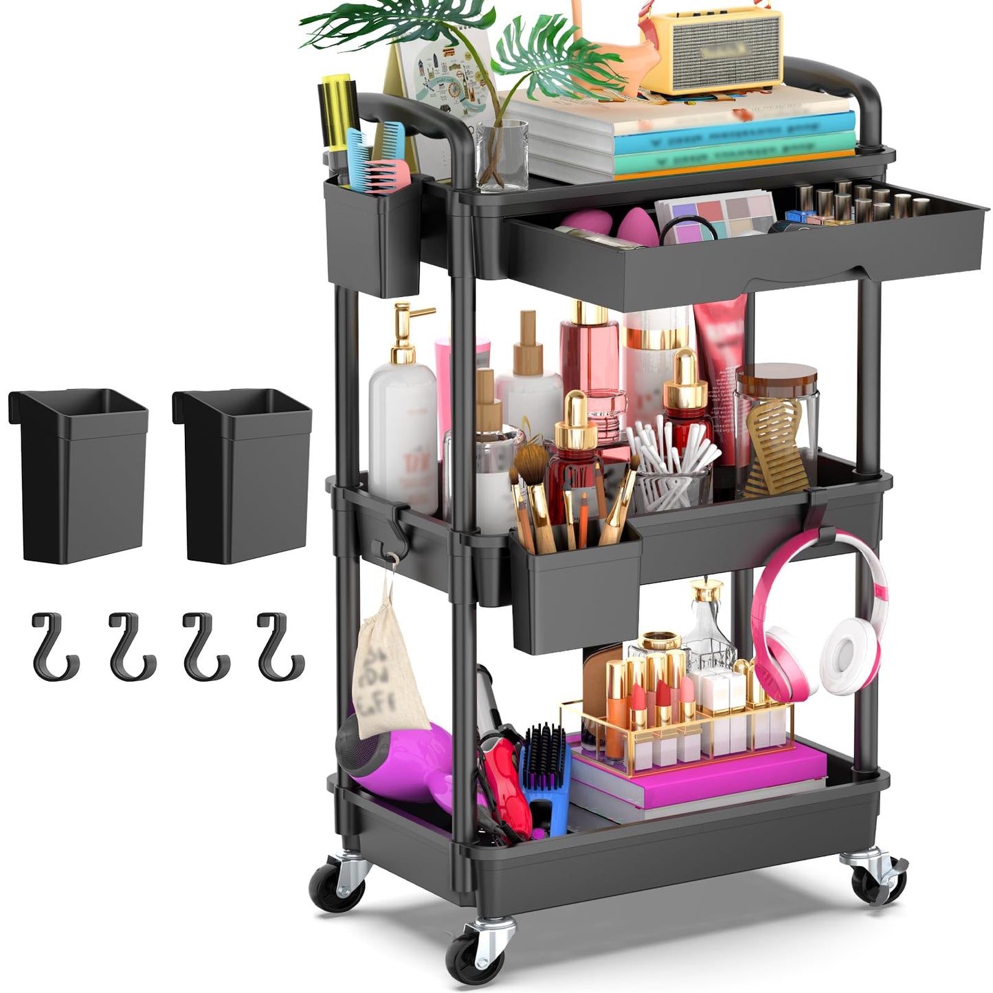 Goovilla 15.75" x 10.9" x 4.9" GV-UC03B Plastic Rolling Utility Cart with Drawer