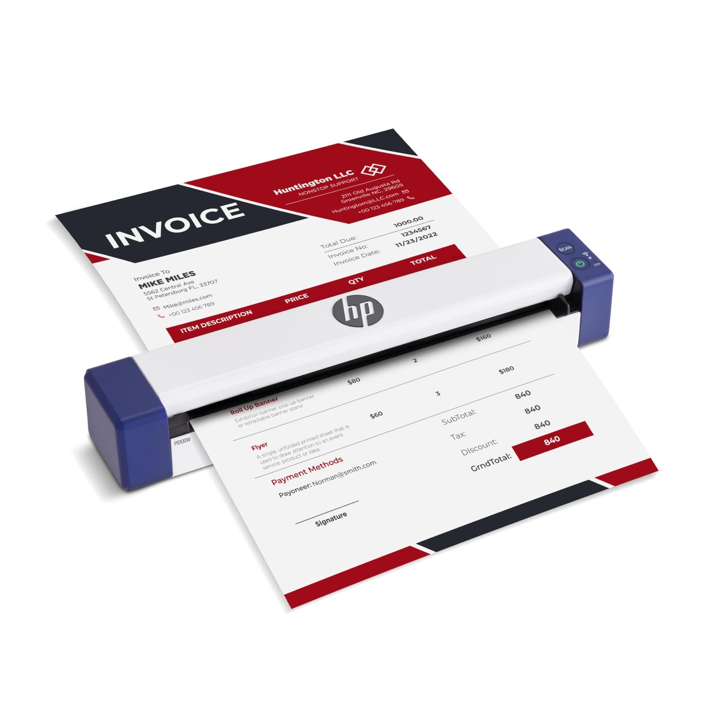 HP PS100W Portable Document Scanner - Wi-Fi, 300 DPI - Compact Document Scanner