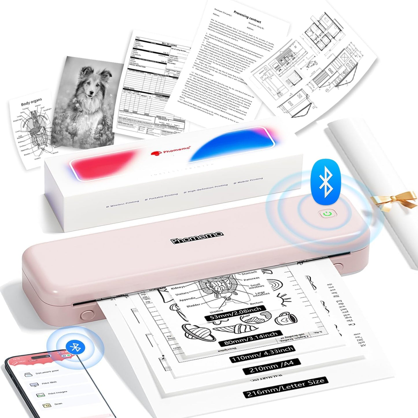 Phomemo M834 Portable Thermal Printer, Monochrome, 300 dpi, Bluetooth, A4 Size