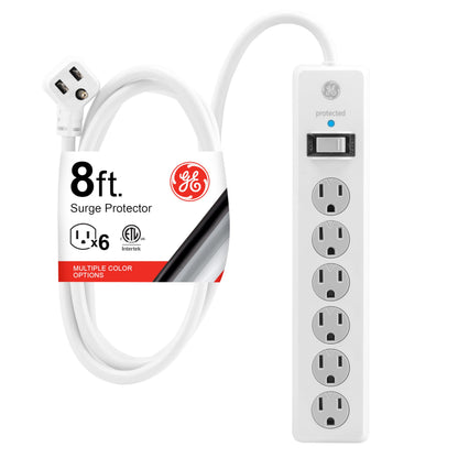 GE 8 Ft Surge Protector Power Strip Model 67044, 125 Volts, 6 Outlets, 800 Joules Surge Protection
