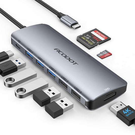 Acodot 9 in 1 USB-C Hub, 4K@60Hz Output, HDMI, 9 Ports, 5Gbps Transfer Rate, Space Grey