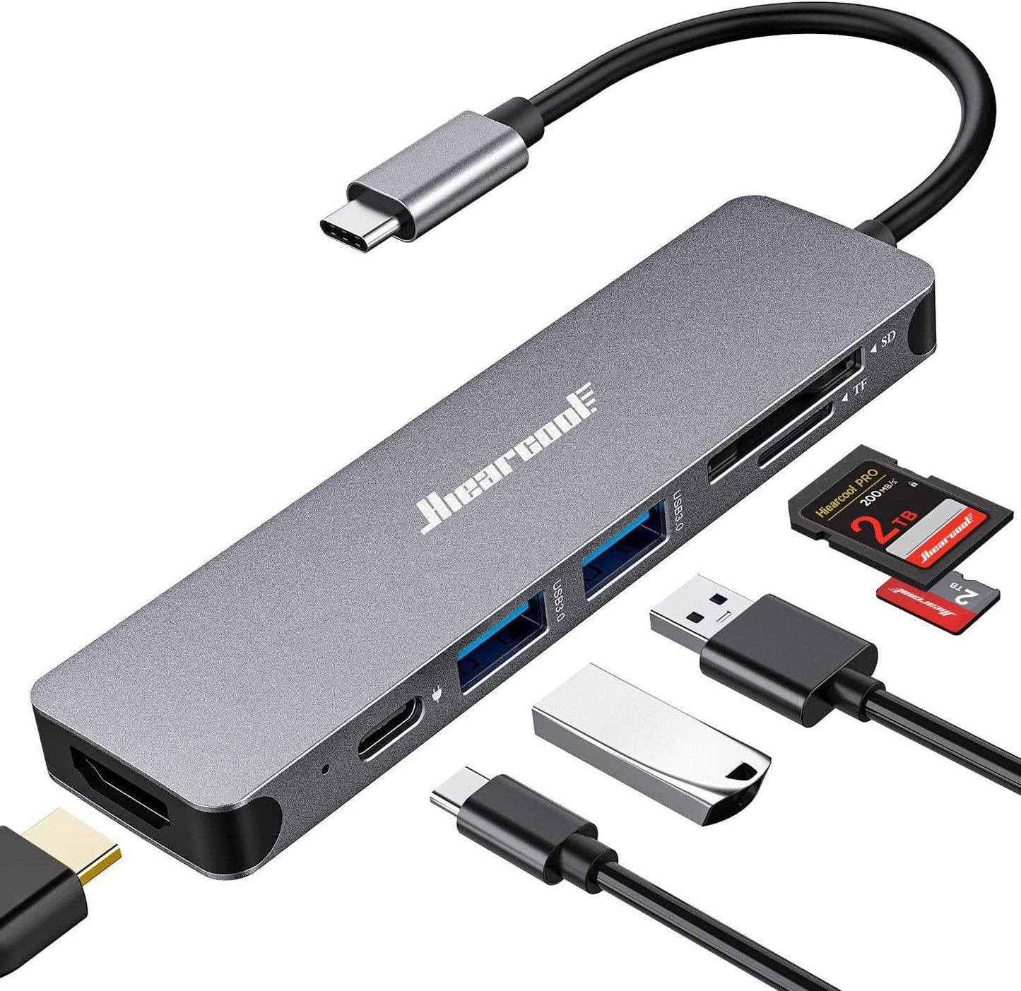 Hiearcool 7-in-1 USB-C Hub UCN3286 4K HDMI, 100W PD, USB 3.0, 5Gbps, Space Grey