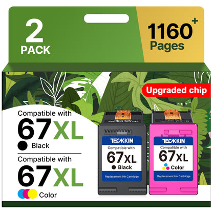 TECKKIN 67XL Ink Cartridges Black and Tri-color Combo Pack, 1150 Pages Yield, for HP Printers