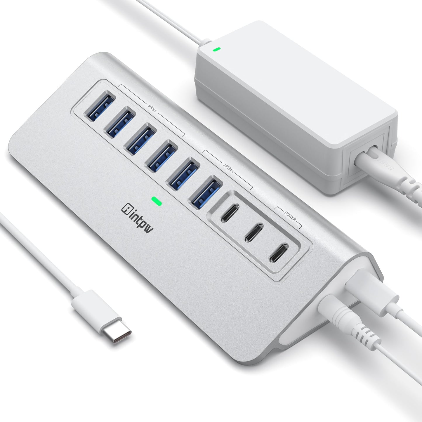 intpw 9 Port USB Hub USB 3.2 Fast Charging 10Gbps Powered Aluminum Model YH6AC
