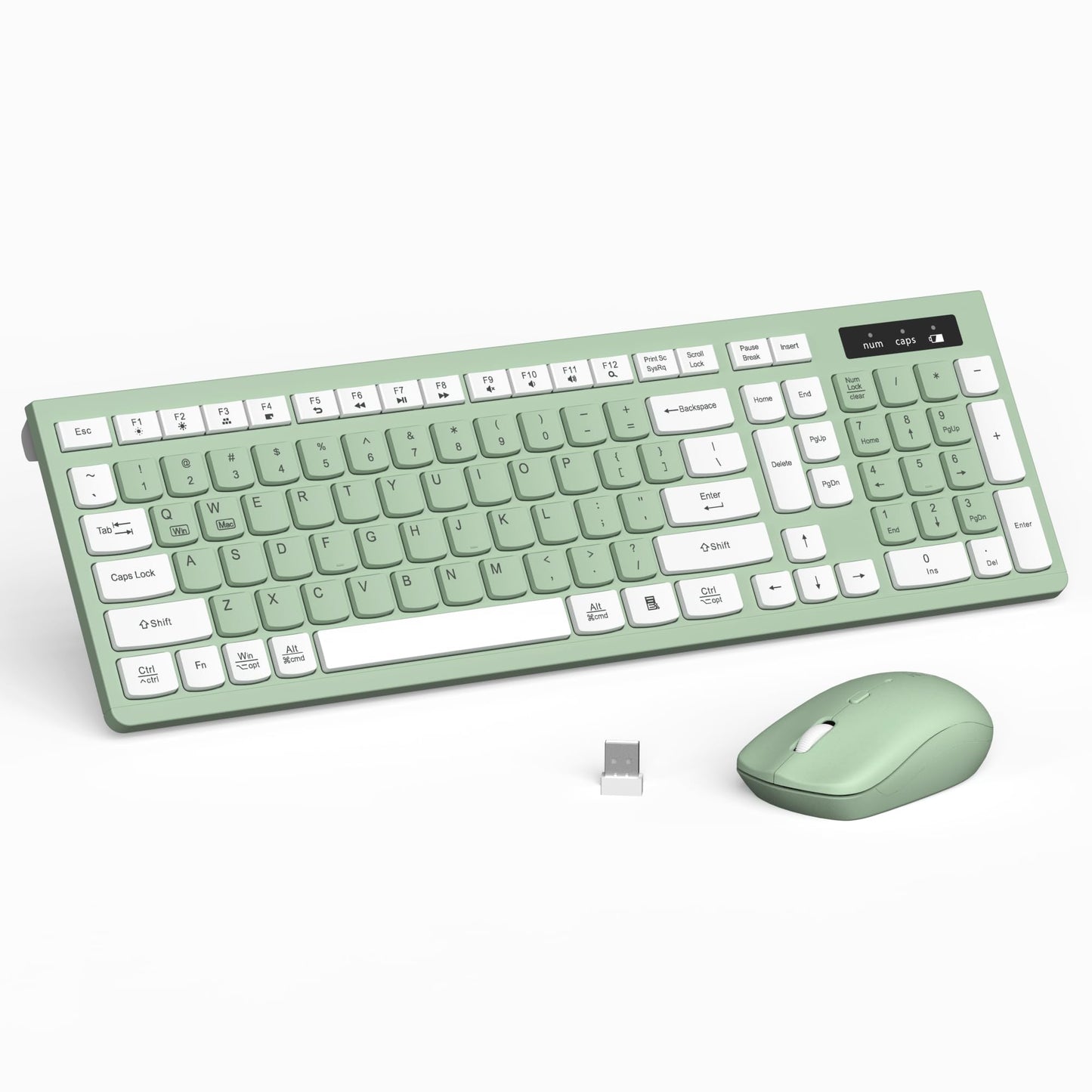RECCAZR Full-Sized Wireless Keyboard and Mouse Combo 2.4GHz USB Receiver Light Green USB
