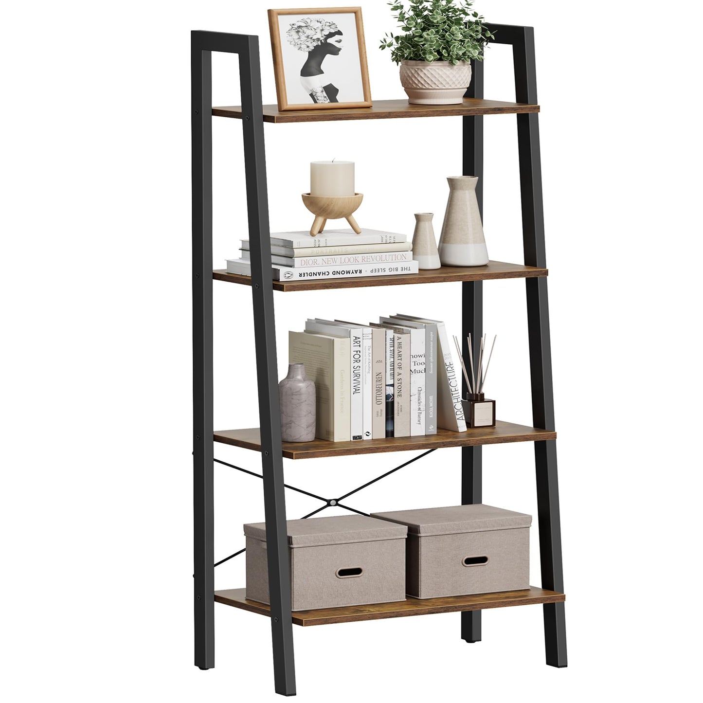 VASAGLE 4-Tier Ladder Shelf ULLS44X Floor Mount Steel Frame Rustic Brown and Ink Black