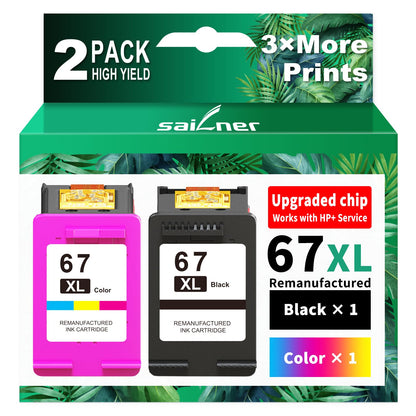 SAILNER 67XL Ink Cartridges Black/Color Combo Pack Remanufactured High Yield Compatible for HP 67XL Printers