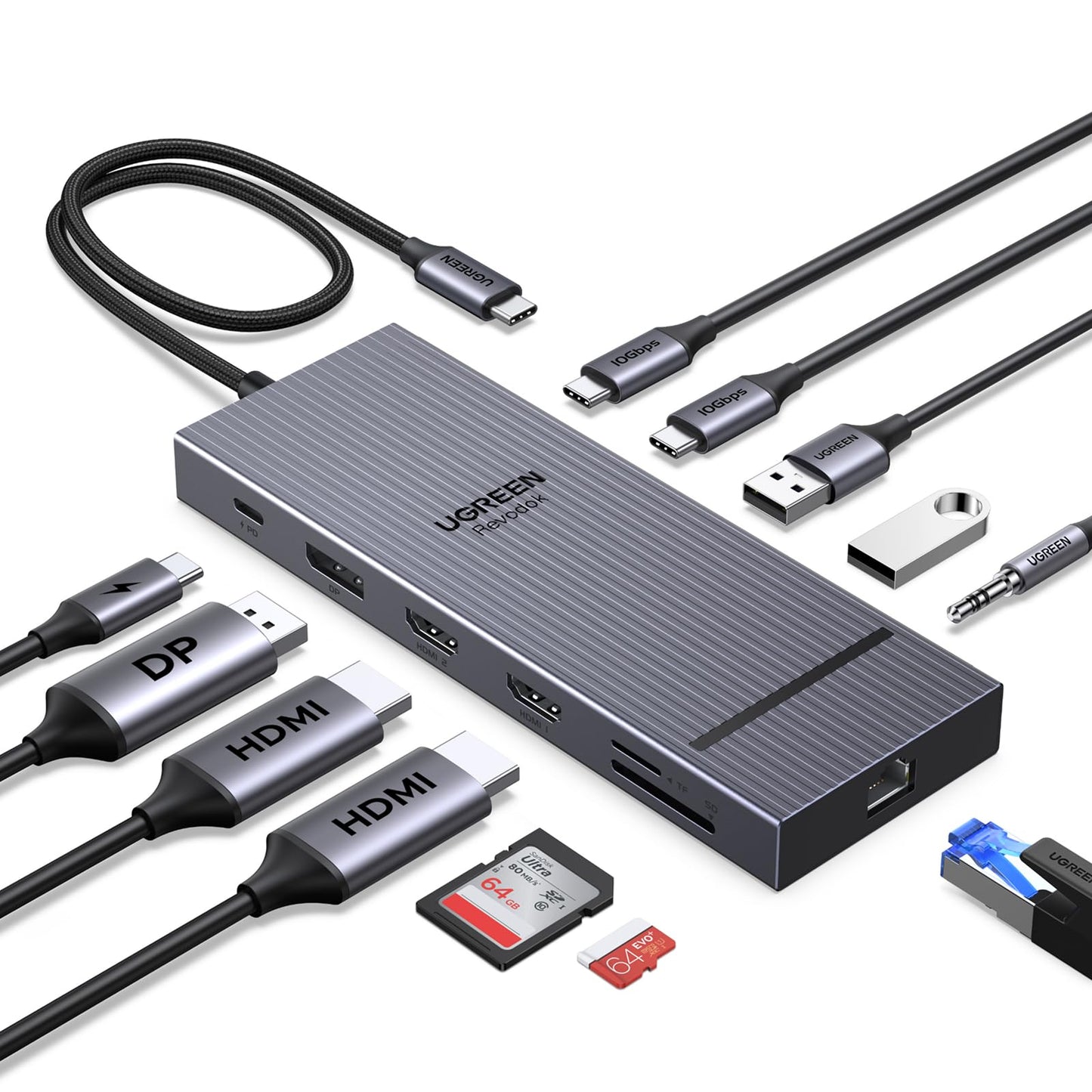 UGREEN 12-Port Docking Station Model 55767 with 2 HDMI, DisplayPort, 10G USB C, USB A 2.0, 100W Power Delivery, SD/TF Reader, Gigabit Ethernet, 3.5mm Audio Interface