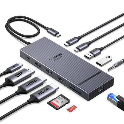 UGREEN 12-Port Docking Station Model 55767 with 2 HDMI, DisplayPort, 10G USB C, USB A 2.0, 100W Power Delivery, SD/TF Reader, Gigabit Ethernet, 3.5mm Audio Interface
