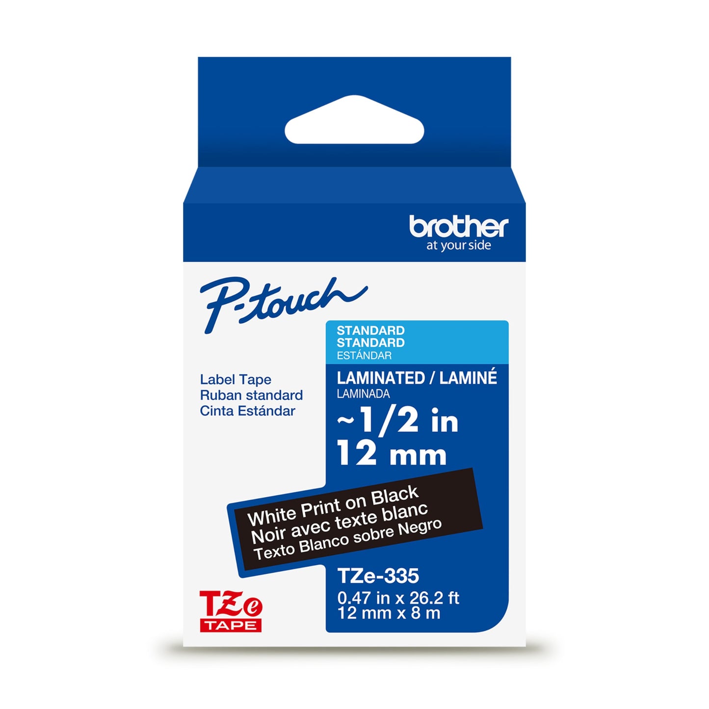 Brother 12mm TZE335 Label Tape, Laminated, for P-touch Label Makers, White on Black