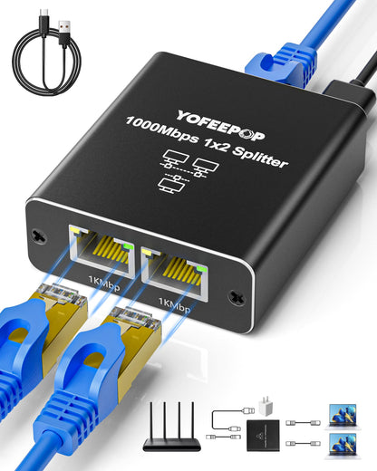 YOFEEPOP Ethernet Splitter 1 to 2 RJ45 Unmanaged Switch Gigabit Data Transfer 1000Mbps Aluminum
