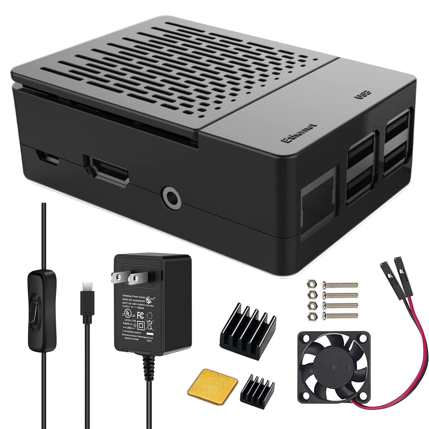 iUniker Mini ITX Raspberry Pi 3 Cooling Case - 5V 15W Power Supply - 2 USB 2.0 Ports - 1 USB 3.0 Port - 3 Cooling Fans - Plastic Enclosure - Black
