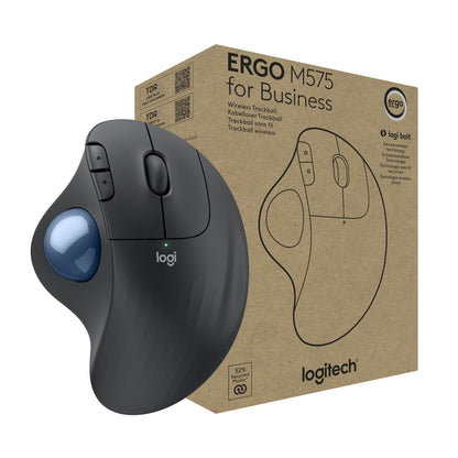 Logitech M575 Trackball - Bluetooth, RF, Ergonomic, Wireless, 2000 DPI, Graphite